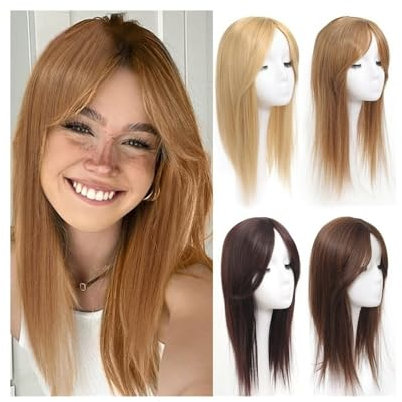 Haartopper für Frauen Glatte Haar-Topper mit Pony for Frauen, synthetische Haar-Topper mit 3 Clips, natürliche Topper-Haarteile, for Anklipsen, gerade Wiglets-Topper mit Pony Haarteil Topper Toupet Fr