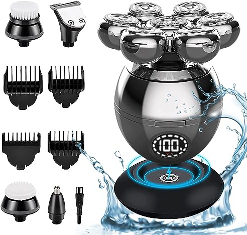 Rasoir Electriques Hommes, 5 in 1 Rasoirs à Têtes Rotatives, 7D Tondeuse Cheveux Hommes, IPX7 Étanche Rasoir Electriques Rechargeable Type-C et tondeuse nez Ave écran LED et Sec et Humide Portables