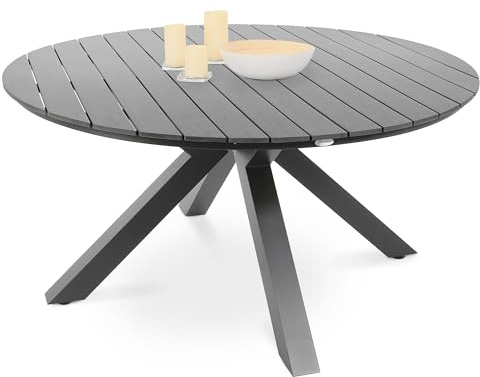 di volio Gartentisch Ravello 150 cm rund aus Aluminium Holzoptik wetterfest | 8 Personen, Nivellierfüße, X-Gestell, UV-beständig, pflegeleicht, leicht, Terrasse, Familienfeste