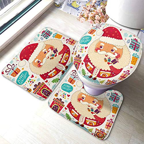Set 3 Teilig Badvorleger Frohe Weihnachten Und EIN Glückliches Neues Jahr Weihnachtsmann Und Geschenkbox 3-Teiliges Badteppich-Set Weiche Badematte Und Wc-Vorleger-Set, Für Wohnzimmer