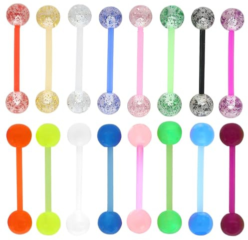 Cncedi Glow in the Dark Tongue Bars, 16 mm Glitter Plastic Body Piercing Tounge Barbells, Flexible Acrylic Nipple Piercings Bars, Tongue Ring for Women Men (16Pcs)