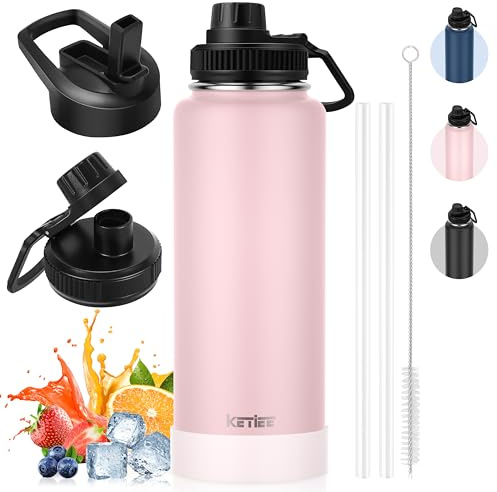 Trinkflasche Edelstahl Thermobecher Kaffeebecher to Go 40oz, KETIEE Trinkflasche Sport mit Strohhalm 1L 2 Deckel Auslaufsichere Wasserflasche BPA-Frei Thermosflasche Kaffeebecher Thermo, Rosa