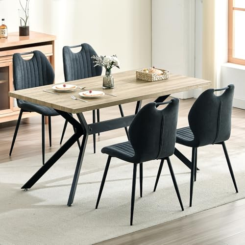 LEWE Esszimmergruppe Esstisch mit 4 Stühlen, 140 x 80 x 76 cm Rechteckig Esstisch aus Holz mit 4 Esszimmerstühle mit Hohe Rückenlehne, Schwarz Eisenbeine, für Küche Esszimmer und Wohnzimmer