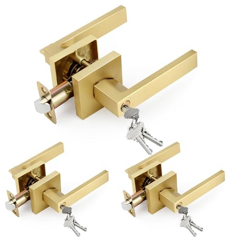 LOQRON Brushed Gold 3 Pack Wholesale Keyed-NOT-Alike Keyed Entry Door Lever, Square Design Interior/Exterior Door Lever with Key and Lock, Reversible Handle for Entrance/Front Door Lock, Satin Brass