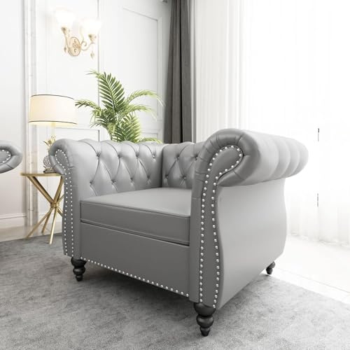 AVZEAR Leather Upholstered Armchair, Single Sofa Chair with Rolled Arms and Nailhead, Mid-Century Modern Tufted PU Chesterfield Chair for Living Room, Bedroom, Office, Apartment, PU Grey