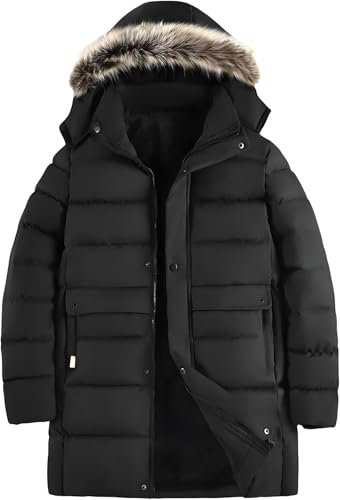 Juankrynord Herren Winter warm gefütterte Daunenjacke mit Kapuzenschal Lange Wind- und Schneejacke Verdickte und gepolsterte wasserdichte Kapuzenjacke mit Taschen (Schwarz,L)