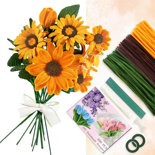 GENHH Sonnenblumen Pfeifenreiniger Blumen Set, 400 Stück Pfeifenreiniger Grün Pfeifenputzer Chenilledraht Pfeifenputzer zum Basteln 30CM mit 3 Farbe