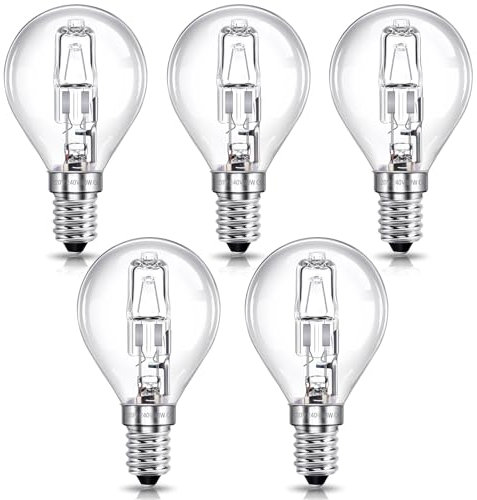 SCNNC E14 G45 Halogenlampe 28W Dimmbar 230V, Halogenlampe E14 28W Warmweiß 2700K, Klar Globe Halogen Classic G45 E14 Tropfenform Halogen für Deckenleuchte, Wandlampe, Stehlampe, 5 Stück
