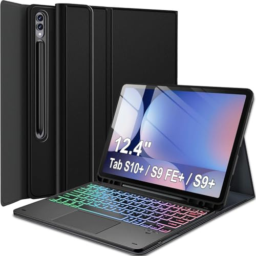 Wineecy Touchpad Keyboard Case for Samsung Galaxy Tab S10+/S9 FE+/S9+ Plus 12.4 Inch Tablet, 7 Color Rainbow Backlight Detachable Bluetooth Trackpad Keyboard Folio Smart Cover with S Pen Holder