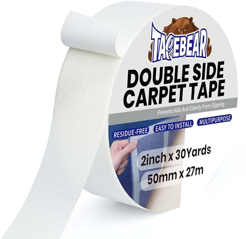 TAPEBEAR Carpet Tape Double Sided 50mm x 27m, Heavy Duty Rug Gripper Anti Slip Anti Curling Floor Tape Residue-Free, Two Sided, Removable, Waterproof for Area Rugs, Mats, Strong Hold for Tile,White | Anti Slip Anti Curling Floor Tape Residue-Free, Two Sided, Removable, Waterproof for Area Rugs, Mats, Strong Hold for Tile
