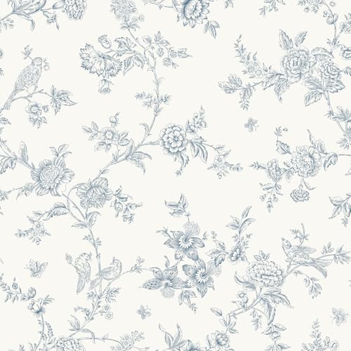 VEELIKE Papier Peint Fleuri Bleu Beige Papier Peint Autocollant Toile de Jouy Vintage 44,5 cm × 300 cm Papiers Peints Feuillage Bleu Rouleau Adhesif Decoratif Chambre Salle de Bain Couloir Amovible
