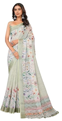 Janasya Indian Saree for Women Light Green Casual Evening Wear Saree with Unstitched Blouse