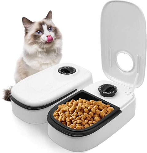 BIZOI 2 Meal Automatic Cat Feeder, Automatic Pet Feeder, Cat Food Dispenser for Wet or Dry Food, Auto Feeder and Water Dispenser, Timed Feeding Station for Cats and Small Dogs Pets
