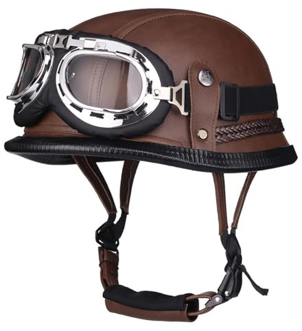 VVPEC Retro Oldtimer Halbschale Leder Jethelm Brain-Cap Motorrad-Helm DOTECE-Zulassung Rollerhelm Cruiser Chopper Motorradhelm Halbschalenhelm Mit Brille Offener Helm Für Damen Herren(8,2XL=63~64cm)