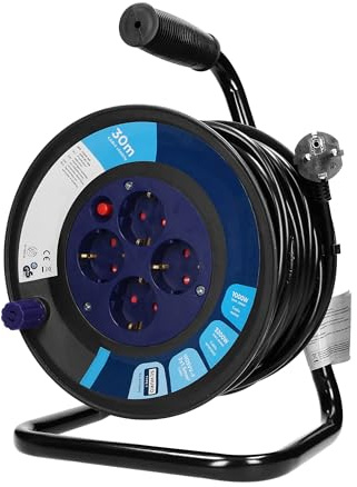 Kabeltrommel Schuko 4-fach, 30m, H05VV-F 3x1.5mm², Metallständer, Überlastschutz, Garten & Werkstatt