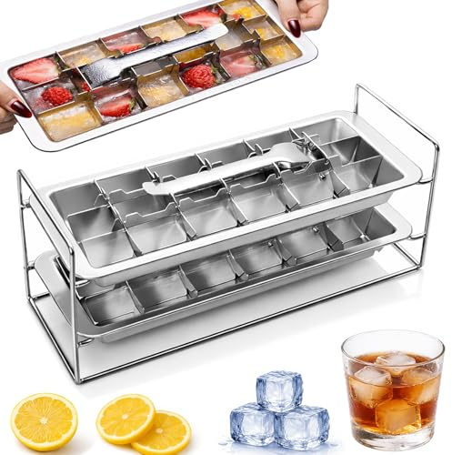 GHAHILI Stainless Steel Ice Cube Trays, Metal Ice Cube Trays for Freezer Vintage Inspired Design with Release Lever Remove Handle for Making Large Cubes Kitchen & Bar (2 Pcs Silver)
