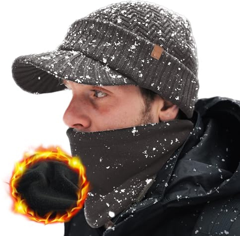 TOP-EX DryKnit™ 50% Merinowolle Wintermütze Herren Damen Schirmmütze, Warm Beanie Mütze mit Schirm, Wasserdichtem Fleecefutter und Fleece-Halswärmer Strickmütze für Outdoor Running Hiking, Grey M/L