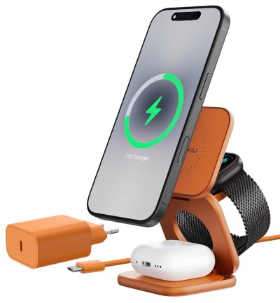 KU XIU X40 Turbo Qi2.2 25W 3-in-1 Ladestation für iPhone 17/16/15/14/13/12, 5W für Apple Watch und kabellose Ohrhörer, faltbares kabelloses induktives Ladegerät, Aluminium-Design, 45W GaN Adapter