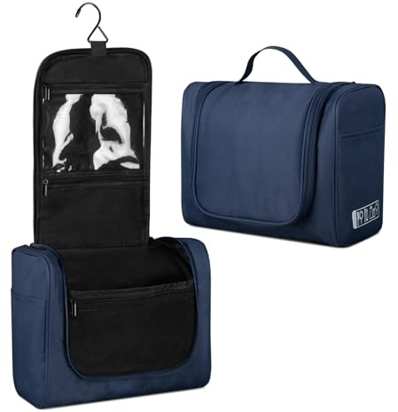 FITDON Large Hanging Toiletry Bag Travel Wash Bag, Portable Makeup Bag Organizer Waterproof Shaving Bag Gym Shower Bathroom Bag, Blue