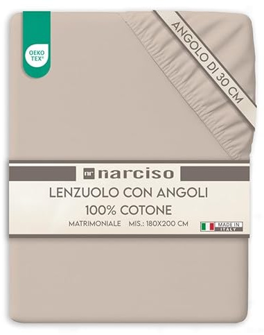 NARCISO Lenzuolo con Angoli Matrimoniale 100% Cotone (180x200 con Angolo di 30cm) Lenzuola Sotto con Angoli Matrimoniale Traspirante ed Anallergico, Biancheria da Letto Made in Italy (2P, Sabbia)