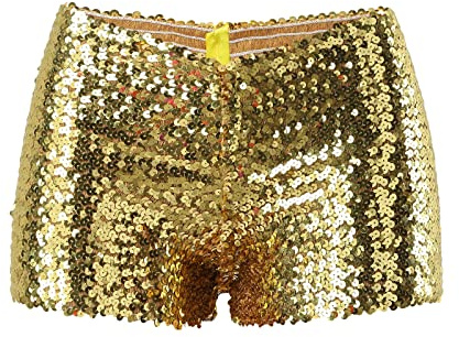 Pailletten Shorts Damen Hohe Taille Elastische Shorts Glitzer Kurz Hose Hotpants Partyhose Freizeithose für Festivals Outfits (Gold, S)