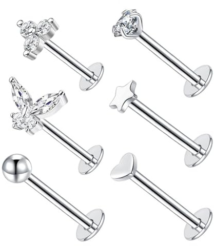 Besyvvin 6er Lippenpiercing Labret Stecker 1,2mm Chirurgenstahl Piercing Lippe Helix Tragus Knorpel Monroe Steckers 6-10mm Silber Gold