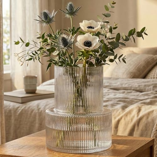 Flower Vase Home Decoration, Ribbed Glass Vase for Flowers, Small Vase for Pampas Grass/Daffodil/Tulip/Rose， Small Glass Vase for Living Room/Table Decoration, Clear Vase Modern(Transparent)