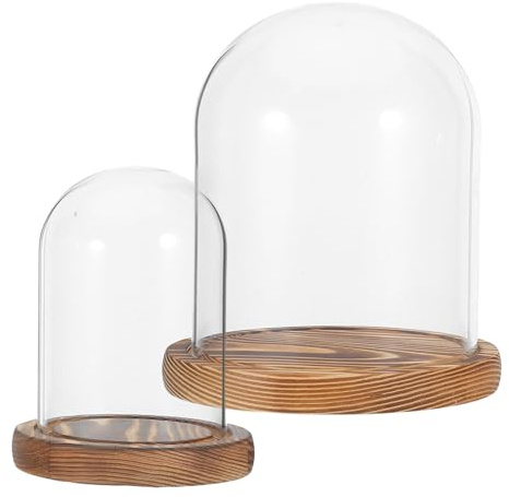 CVUTOVO 2 Sets Transparente Glasglocken mit Holzsockel 12x16cm 8x12cm Glasabdeckung für Blumen Kerzen Dekoration Tischvitrine für Hochzeit Party und Zuhause