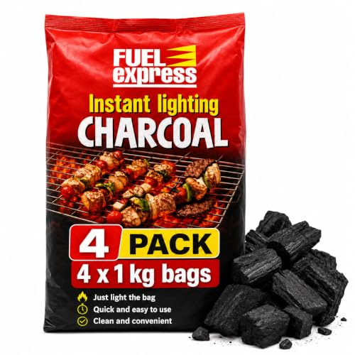 Fuel Express Instant Light Lumpwood Charcoal for BBQ, 4x1kg Bags, Quick Lighting Barbecue Charcoal for Outdoor Grilling, Camping & Fire Pits, Ready to Cook in 15 to 20 Minutes (4x1kg Bags)