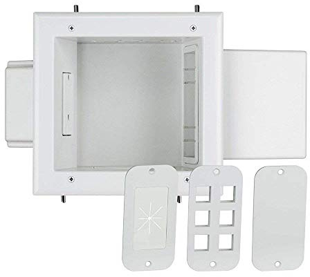 DATA COMM Electronics 45-0061-WH Expandable Media Outlet Box, Duplex Surge Receptacle, Recessed AV/HDMI TV In-Wall Cable Management, 15 Amp Duplex Receptacle, 3 Interchangeable Plates, White