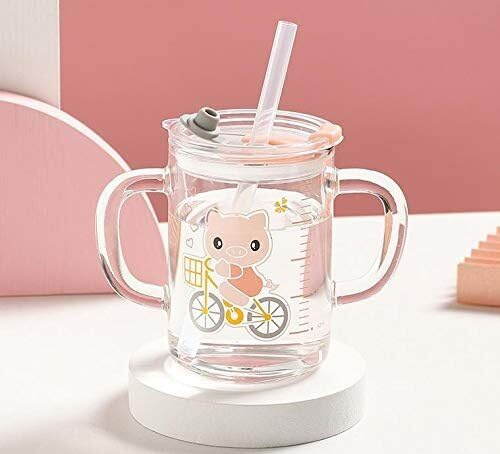 Tazza di latte per bambini, resistente al calore, in borosilicato, con doppio manico, a prova di perdite, in vetro con coperchio, in scala carina, tazza di vetro schiumato latte