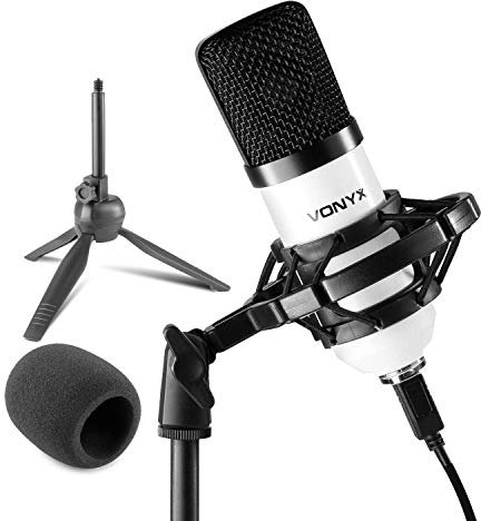 Vonyx CM300W microfono Condensador para Estudio USB, con Soporte de Mesa Plegable, Soporte antigolpes, Anti-Pop - Podcast, Gaming, Streaming, Vlogs, PS4, Youtube - Color Blanco