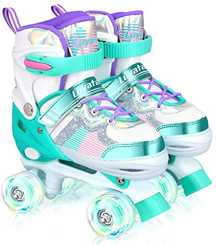 Luyata Roller Skates for Girls Boys Adjustable, 4 Size Ages 6-12 & 3-5, Kids Roller Skates with Light Up 8 Shining Wheels, 3 Color Shining for Toddlers Boys Girls Beginners