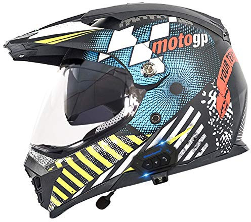 ZLYJ Casco Moto Enduro Calotta Esterna in ABS, con Doppia Visiera Parasole Integrata Bluetooth, Pettine Sierra Casco Adulti Omologato ECE 5,L(59-60cm)