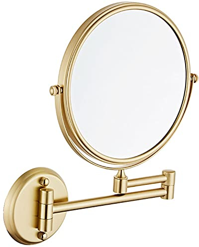 Miroir Mural Double Face, Mirroir de Maquillage, Miroir Cosmétique, 5 Fois Grossissement, 360° Pivotant, Extensible, Ø20 Cm, Or Brossé