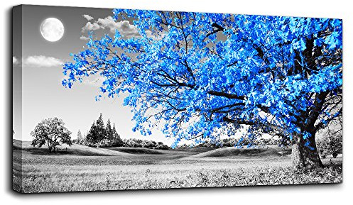 hyidecorart Quadri Moderni Soggiorno, 1 Pezzo Quadro Natura Albero Blu Stampe Quadro Su Tela, Luna Piena Notte Decorazioni Camera Da Letto Bagno Cucina Ufficio Sala Da Pranzo Bar