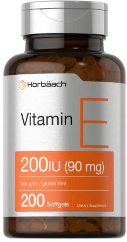 Horbäach Vitamin E Softgel Capsules 200 IU | 90 mg Supplement | 200 Count | Non-GMO and Gluten Free Formula