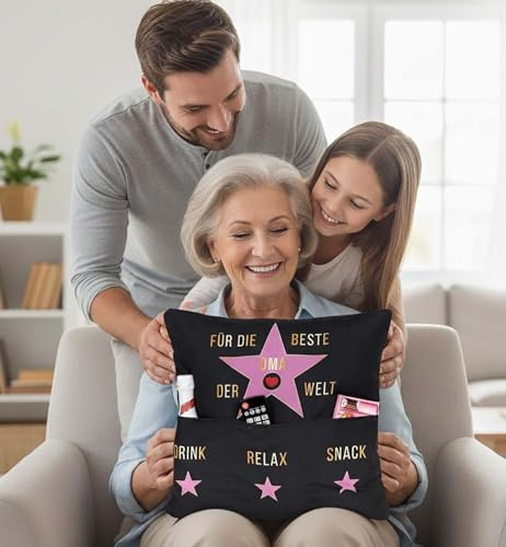 KAMACA Originelles Dekokissen Kissen mit 3 Taschen zum selber Befüllen Größe 43x43 cm tolles Geschenk (Beste Oma)