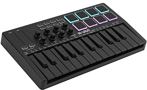 M-VAVE Controlador de teclado MIDI USB de 25 teclas con 8 almohadillas de percusión con retroiluminación, Bluetooth, teclado dinámico profesional semi-ponderado, 8 botones y software de producción