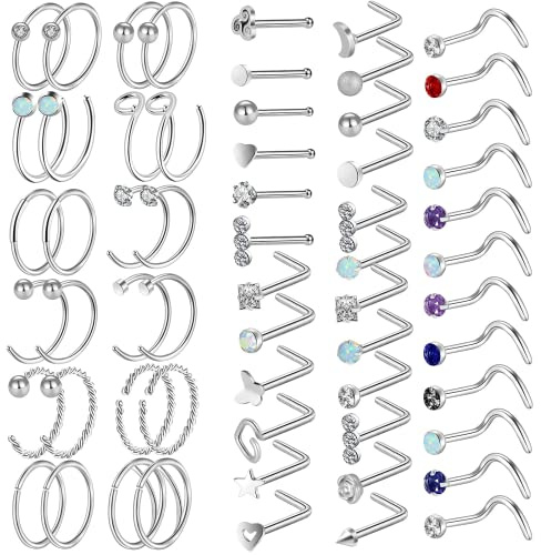 Defrsk 60Pcs Nose Rings for Women Surgical Steel 20G L-Shaped Nose Studs Screw Fake Nose Rings Nose Piercing Jewellery Nose Hoop Rings Gift for Women Girls