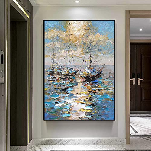 Ölbilder Auf Leinwand Handgemalt,Extra Großes, 100 % Handgezeichnetes, Strukturiertes Kunstwerk, Abstraktes Segelboot, Ungerahmtes Acrylgemälde, Pop-Cool-Gemälde, Kunstwand, Wohnzimmer, Schlafzim