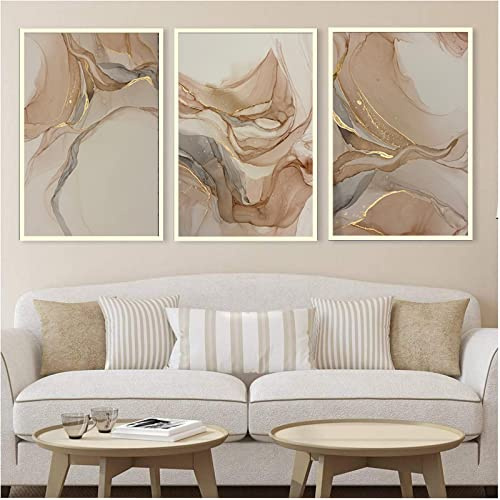 HEHGVCF 3er Set Leinwand Bilder Poster Marmor Beige Gold Abstrakt Marmor Bilder Posters and Prints Art Pictures Home Deko Bilder Beige Rahmenlose (3 Stück,50 x70cm)