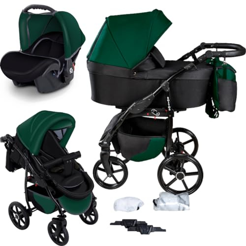 GaGaDumi Boston Kinderwagen 3 in 1 Komplettset mit Autositz - Kombikinderwagen mit großen Rädern - TÜV-zertifiziert - Baby Stroller Set - für Neugeborene und Kleinkinder Grün