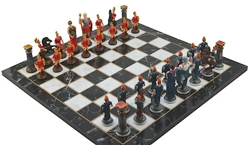 Metall-Schachspiel, historische Rom-Figuren, handgemachte bemalte Schachfiguren mit Marmor- oder Mosaik-Design, Holz-Schachbrett, König, 10,2 cm, Marmor-Design