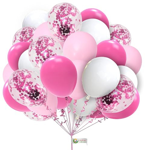 Hot Pink & White Balloons - Pack of 30 x 10in Metallic Pink Confetti Latex Balloons for Girls' Theme Birthday, Baby Showers & Weddings