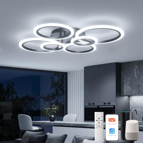 YUNLONG Smart Deckenlampe Wohnzimmer Kompatibel mit Alexa & Google Home, WiFi Moderne Led Wohnzimmerlampe Decke 6 Ringe, Deckenleuchten Dimmbar mit Fernbedienung 36W, 3200LM, für Wohnbereich, Schwarz