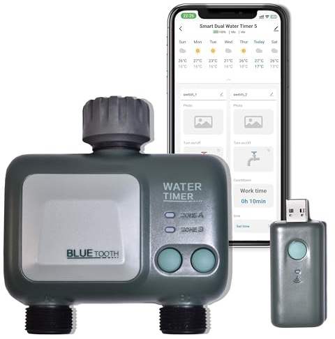 johgee Garten Bewässerungscomputer mit WiFi Hub 2 Ausgänge, Wasserdichtigkeit IPX5, Automatische Bewässerung, Wasser Zeitschaltuhr für Garten Rasen