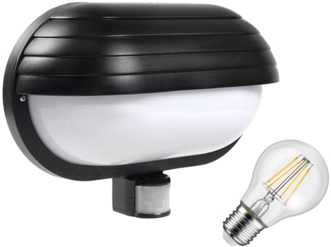 Maclean MCE33 Außen Wandleuchte mit LED Leuchtmittel, PIR Bewegungssensor 180° bis 9m und Dämmerungssensor, Garten Lampe Lampenfassung Lampenhalter E27 (Schwarz, Wandleuchte + 11W LED Leuchtmittel)