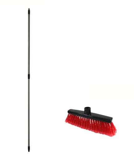 Keroppa, Pack Escoba Roja Multiusos + Palo Telescópico 0,8-1,5 m., Cepillo Universal, Cerdas Sintéticas, Limpieza del Hogar, Palo Extensible, Resistente, Medida Ajustable