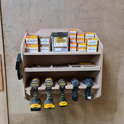 DIN Power Tool Organizer and Drill Bit Storage - Holds Up to 5 Drills - Engineered Wood - Modern Style - Yellow - 23 x 57 x 63 cm - Wall Mount - Workshop, Garage, Van, Shed
